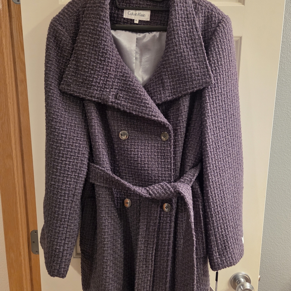 Women's Calvin Klein Gray Knit Tie Waist Button Down Pea Coat, Size XXL